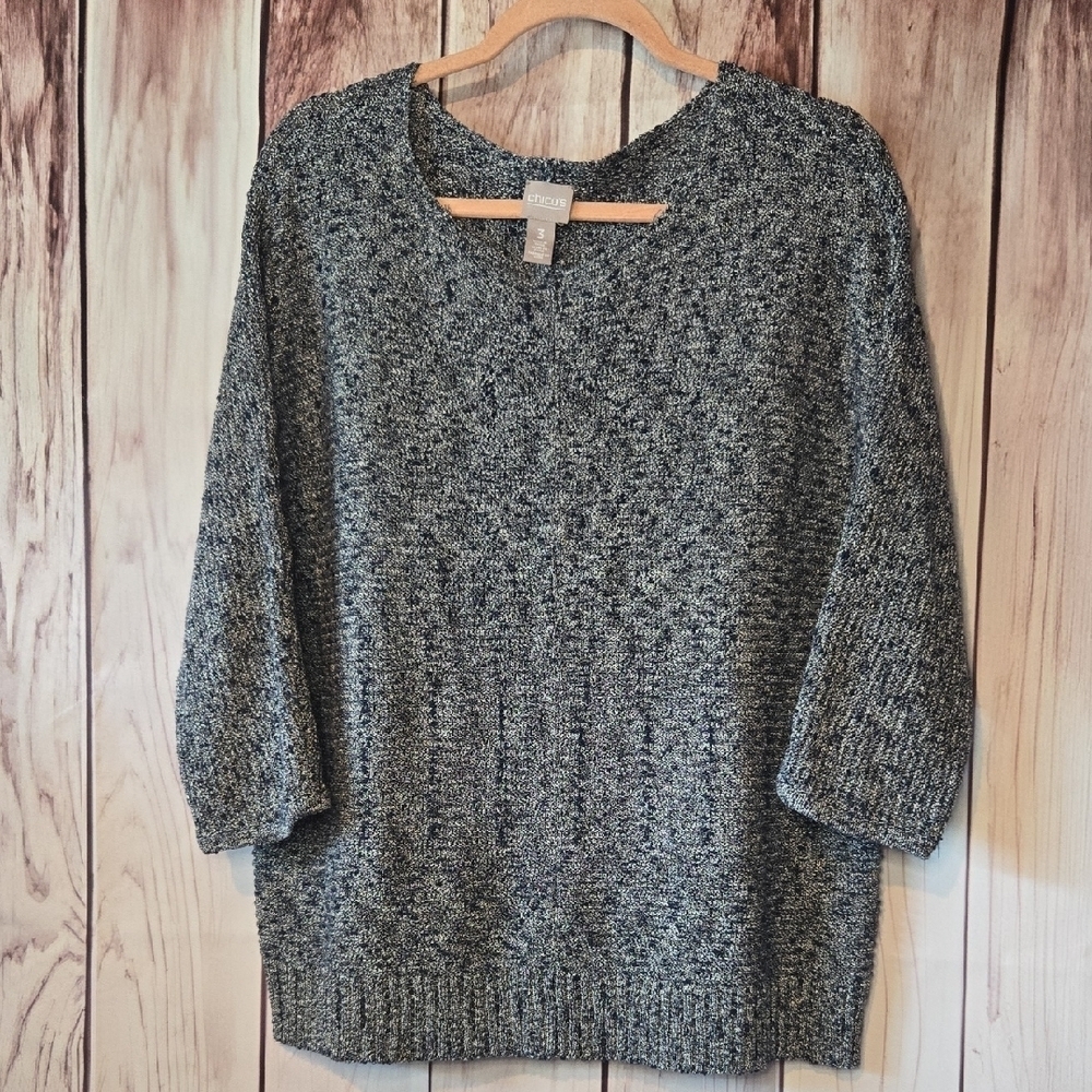 Chico's Navy And White Crew Neck Sweater Metallic Gold Thread Size 3 Or XL
